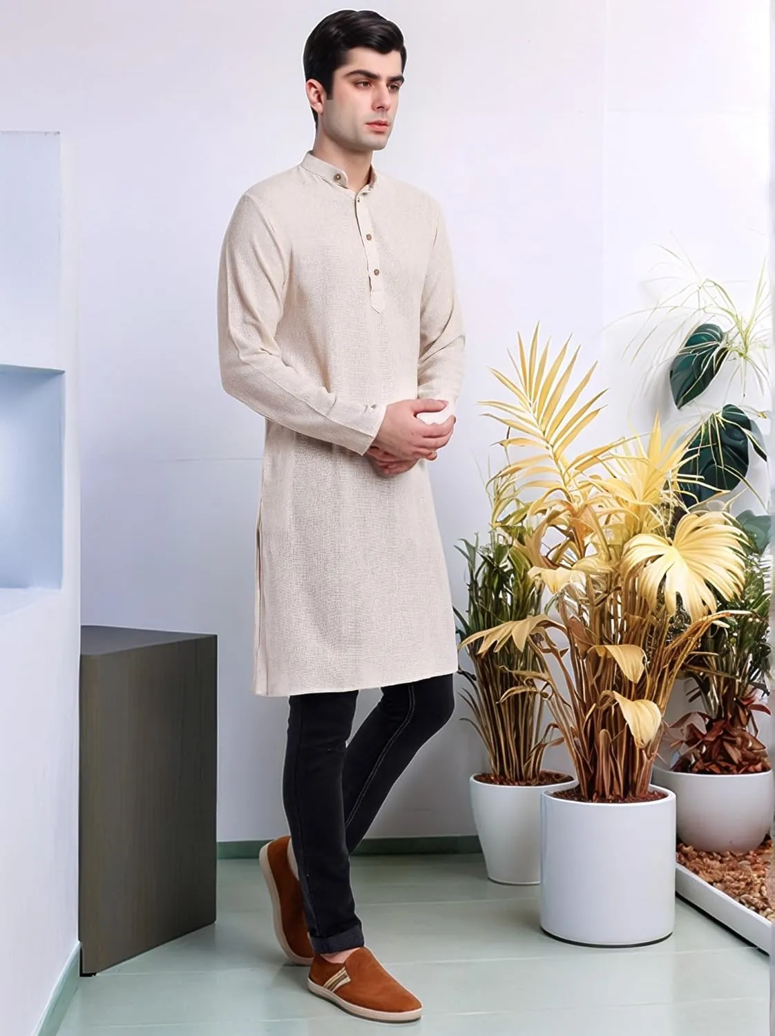 SKAVIJ Men's Handloom Cotton Solid Henley Long Sleeves Straight Knee Length Long Shirt