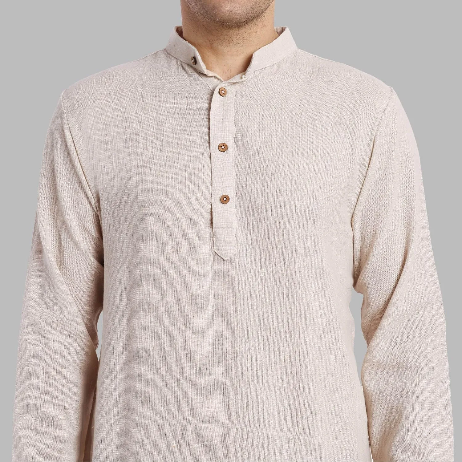 SKAVIJ Men's Handloom Cotton Solid Henley Long Sleeves Straight Knee Length Long Shirt