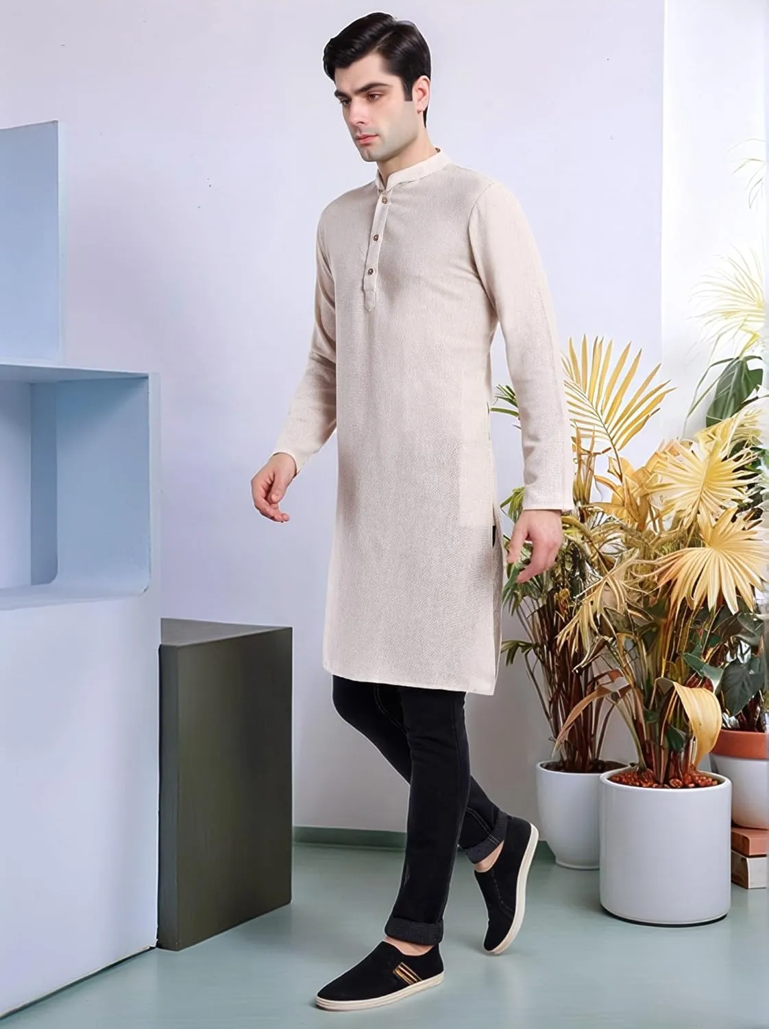 SKAVIJ Men's Handloom Cotton Solid Henley Long Sleeves Straight Knee Length Long Shirt
