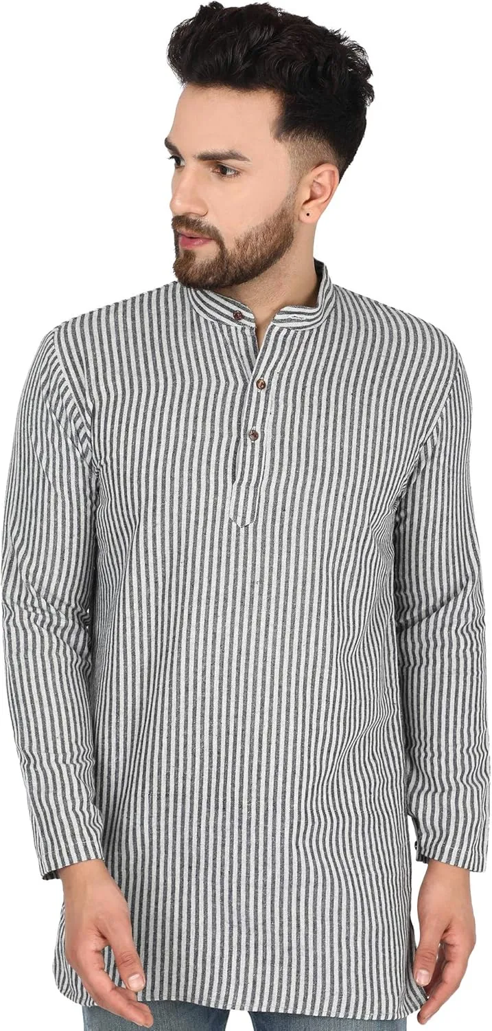 SKAVIJ Men's Handloom Cotton Solid Kurta Mandarin Collar Straight Regular Henley Shirt