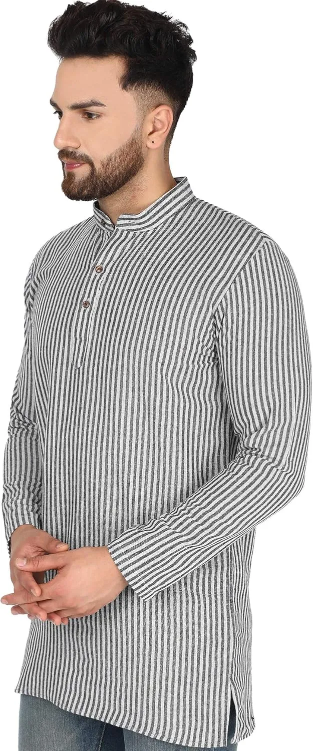 SKAVIJ Men's Handloom Cotton Solid Kurta Mandarin Collar Straight Regular Henley Shirt