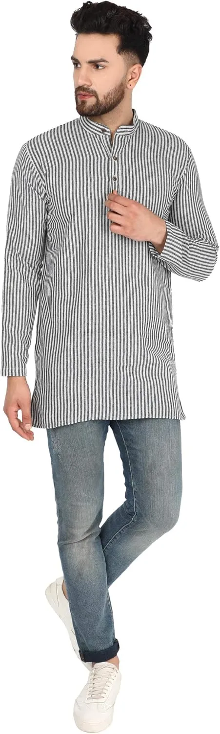 SKAVIJ Men's Handloom Cotton Solid Kurta Mandarin Collar Straight Regular Henley Shirt