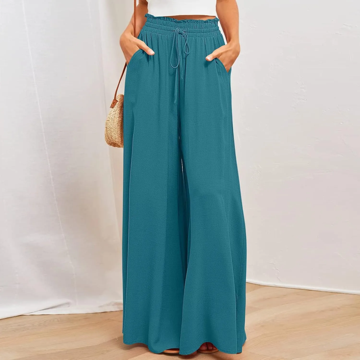 SMIDOW Palazzo Pants for Women Dressy Casual 2024 High Waist Wide Leg Flowy Pants Loose Long Lounge Trousers