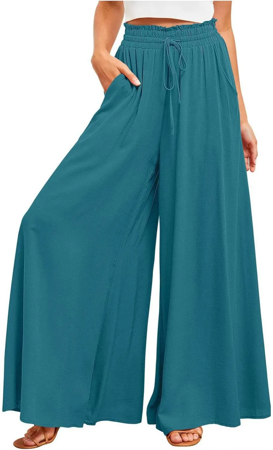 SMIDOW Palazzo Pants for Women Dressy Casual 2024 High Waist Wide Leg Flowy Pants Loose Long Lounge Trousers