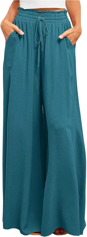 SMIDOW Palazzo Pants for Women Dressy Casual 2024 High Waist Wide Leg Flowy Pants Loose Long Lounge Trousers