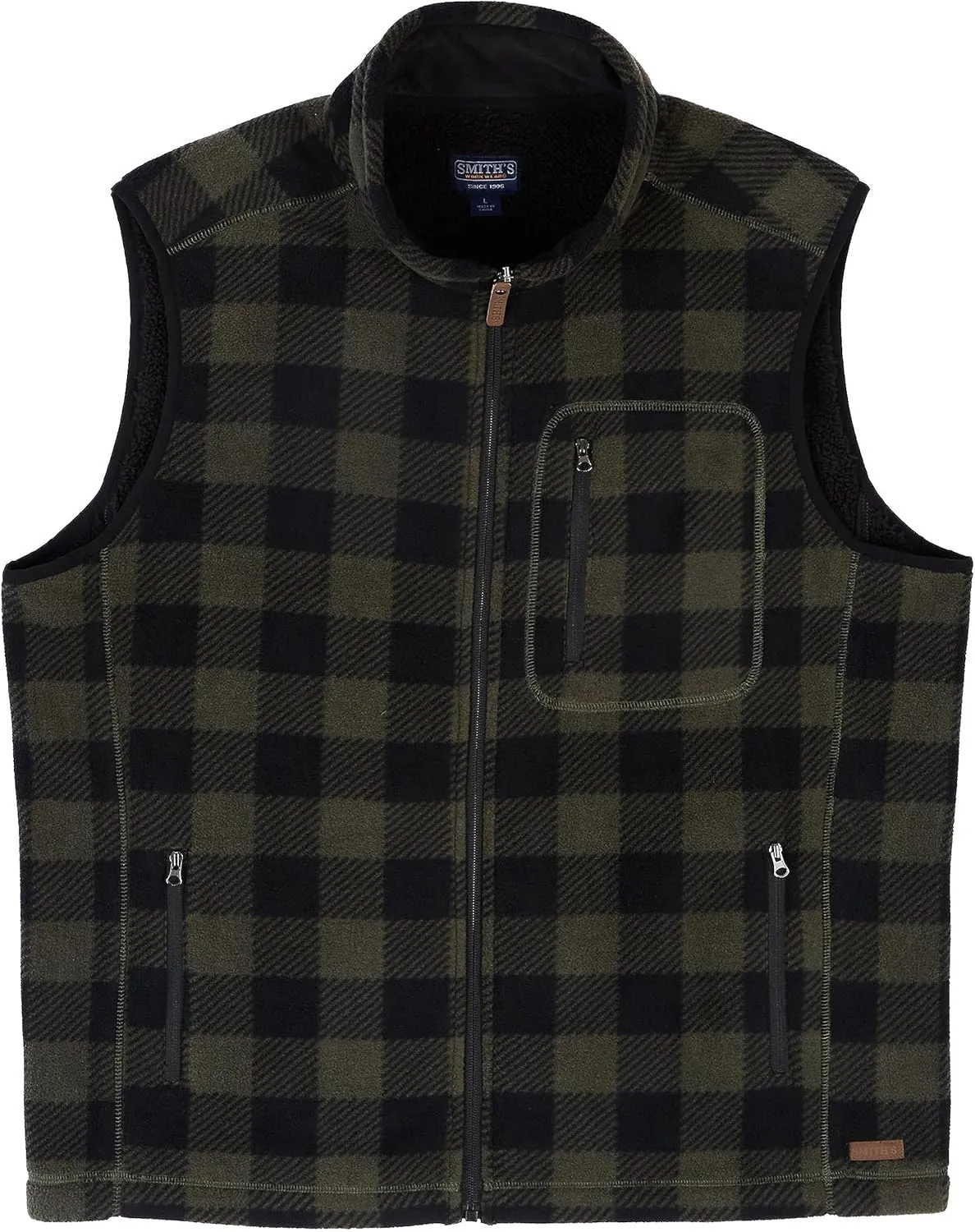 Smith's Workwear Men's Sherpa-Lined Plaid Micro Polarfleece Vest with Zip Pockets