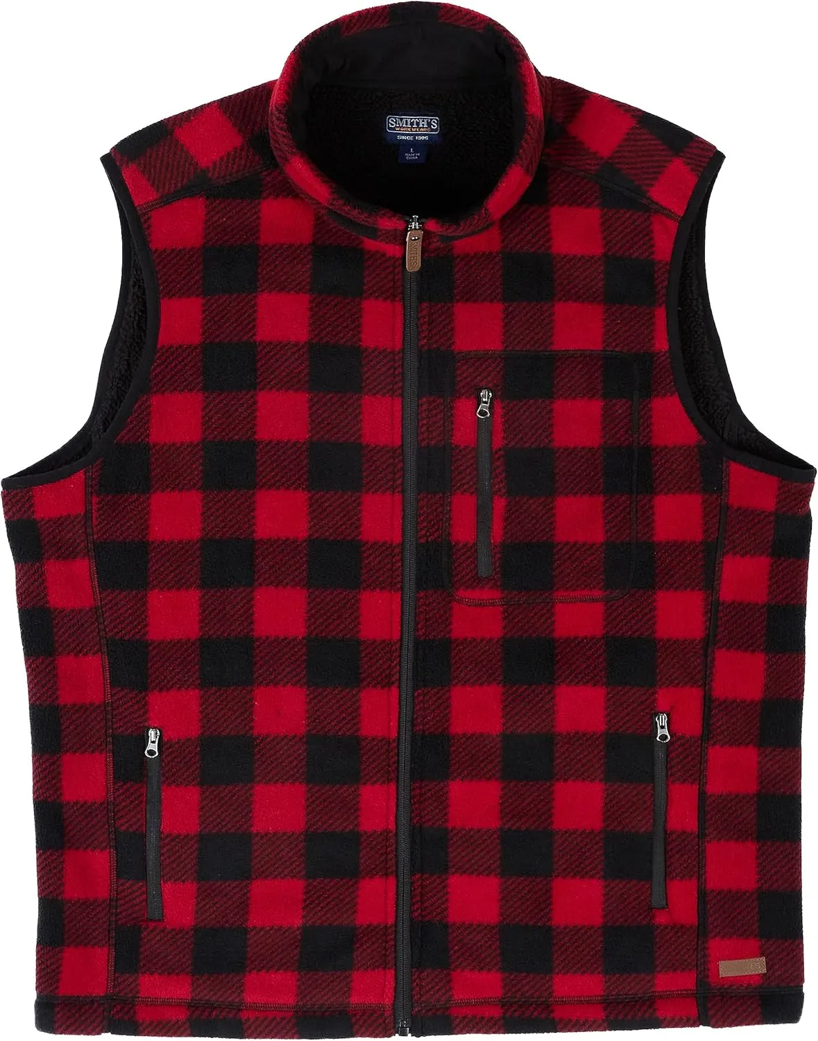Smith's Workwear Men's Sherpa-Lined Plaid Micro Polarfleece Vest with Zip Pockets