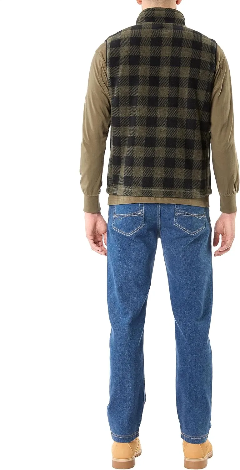 Smith's Workwear Men's Sherpa-Lined Plaid Micro Polarfleece Vest with Zip Pockets