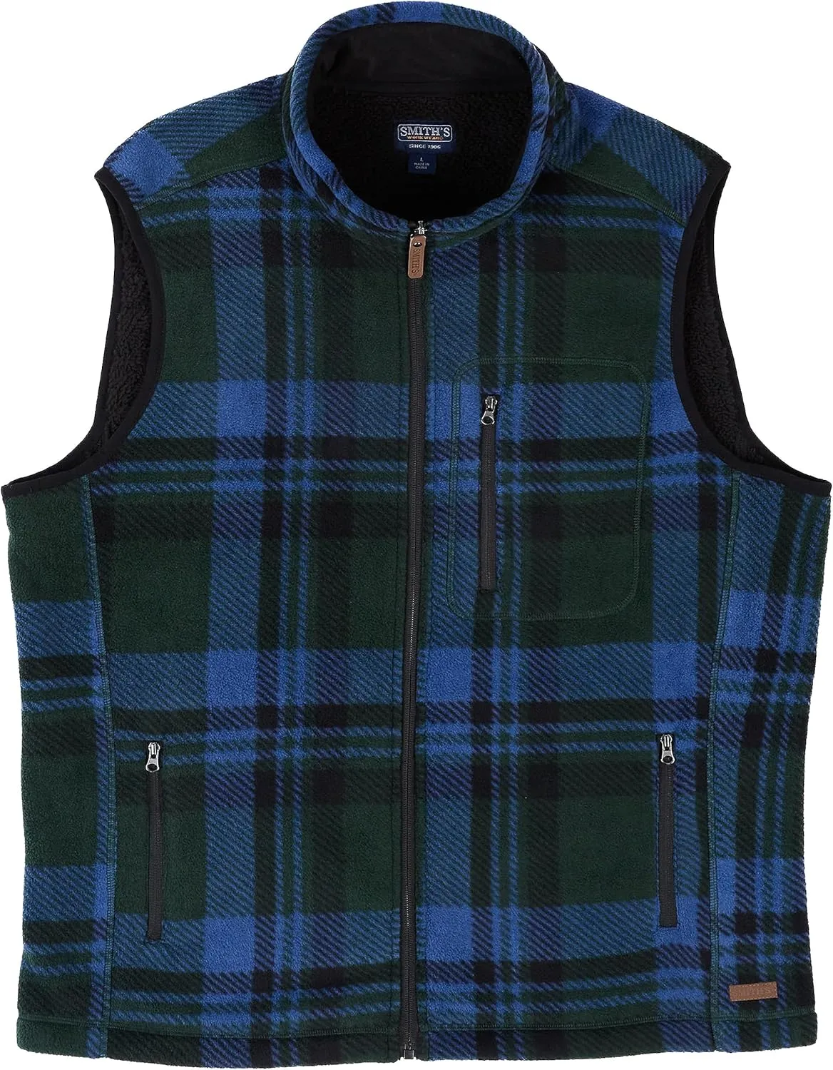 Smith's Workwear Men's Sherpa-Lined Plaid Micro Polarfleece Vest with Zip Pockets