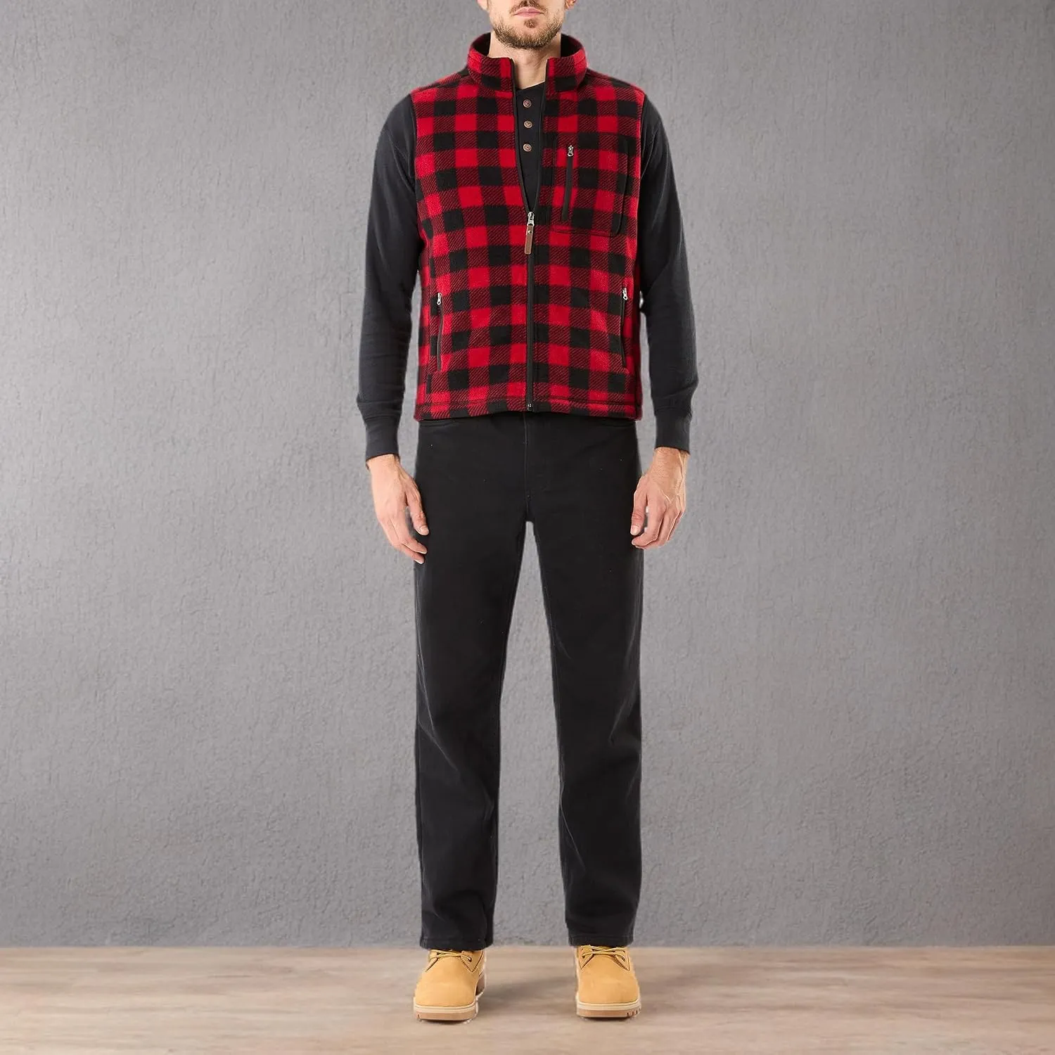 Smith's Workwear Men's Sherpa-Lined Plaid Micro Polarfleece Vest with Zip Pockets