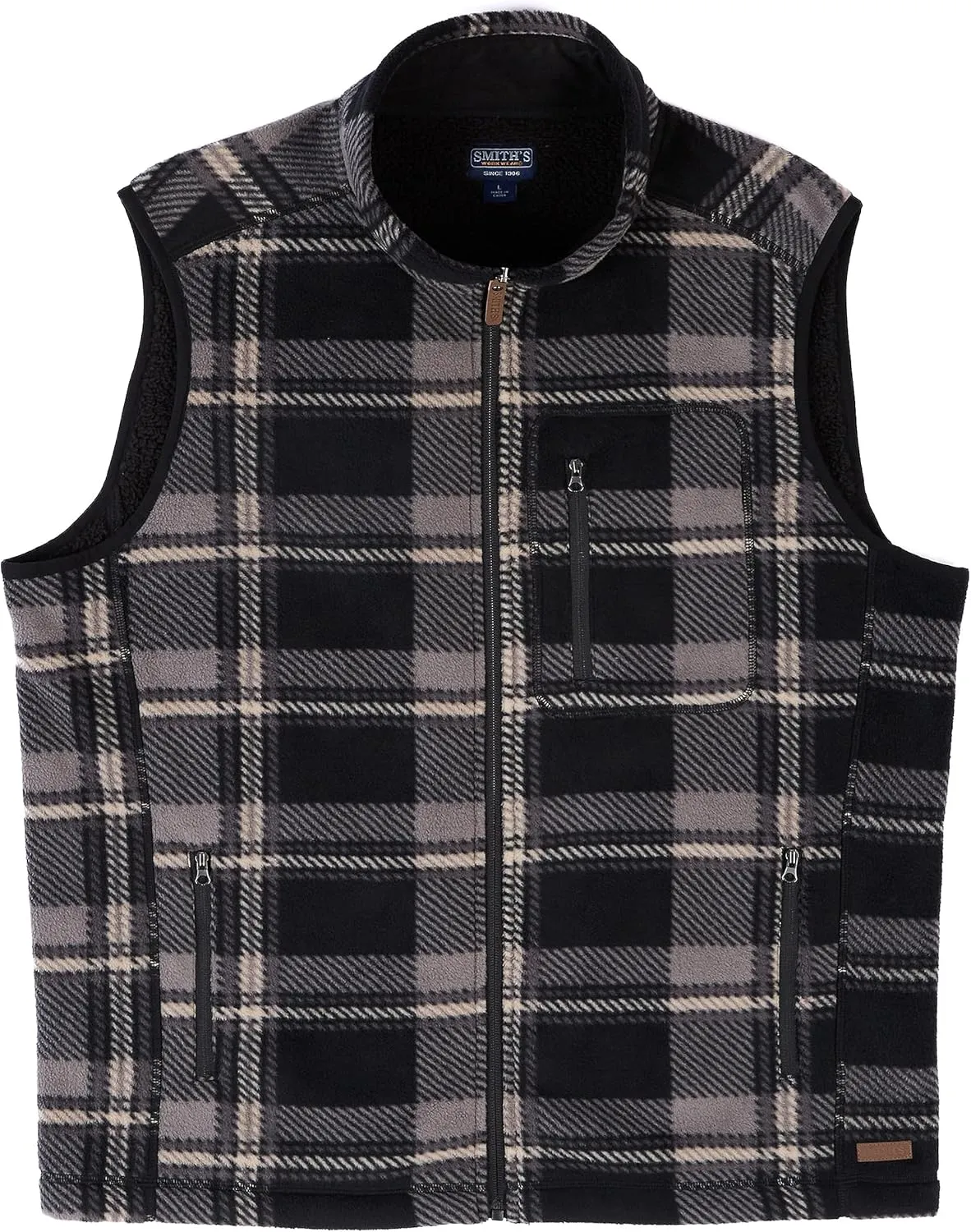 Smith's Workwear Men's Sherpa-Lined Plaid Micro Polarfleece Vest with Zip Pockets