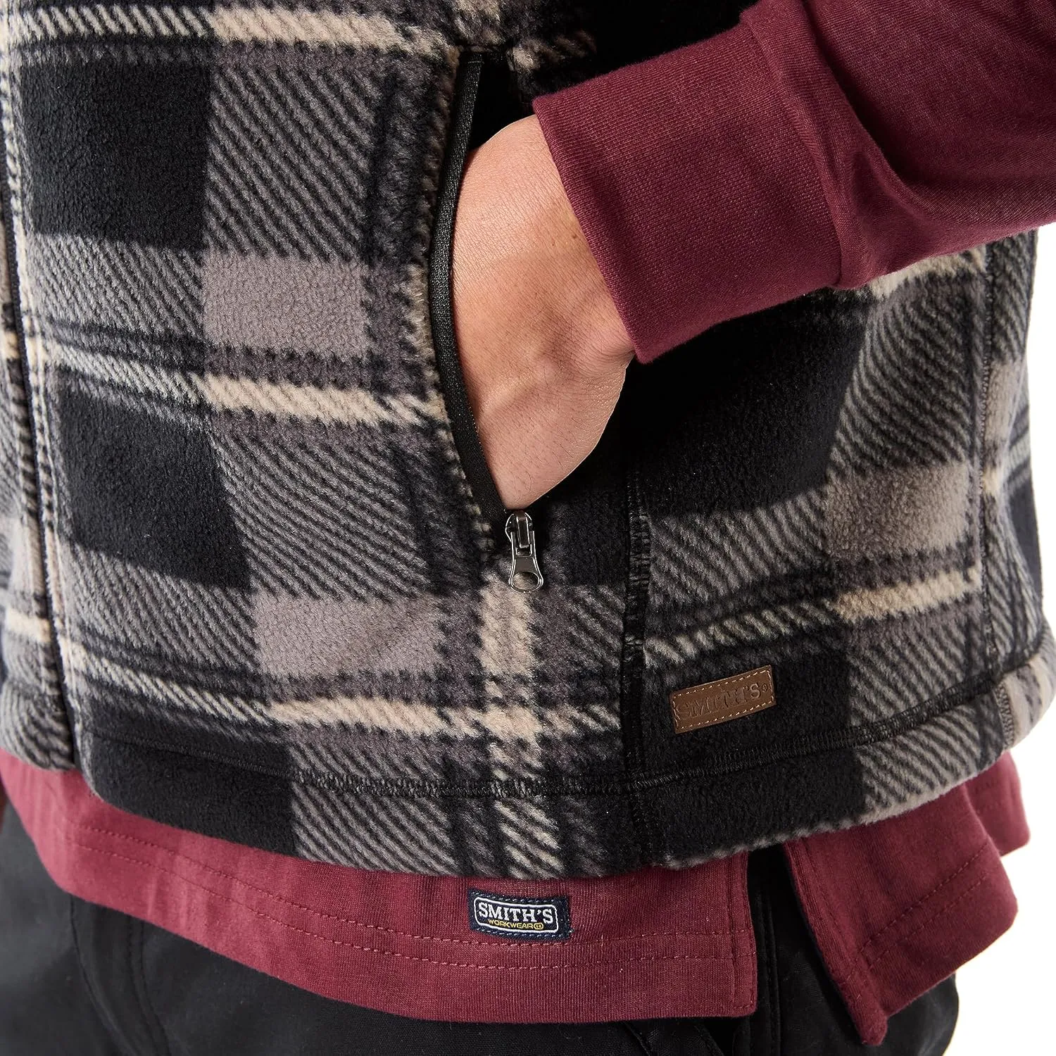 Smith's Workwear Men's Sherpa-Lined Plaid Micro Polarfleece Vest with Zip Pockets