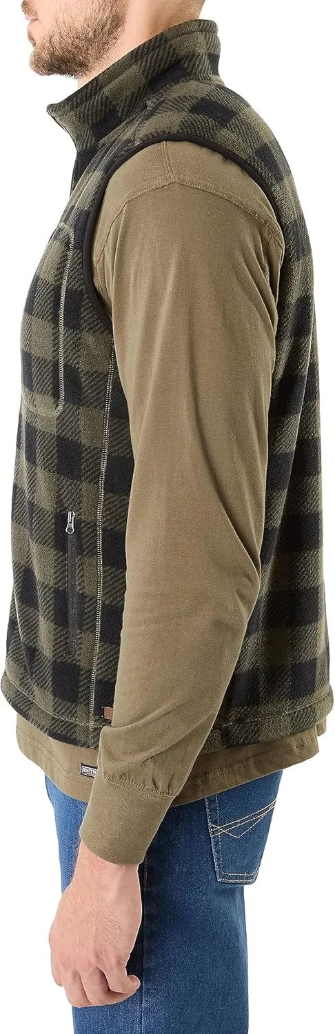 Smith's Workwear Men's Sherpa-Lined Plaid Micro Polarfleece Vest with Zip Pockets