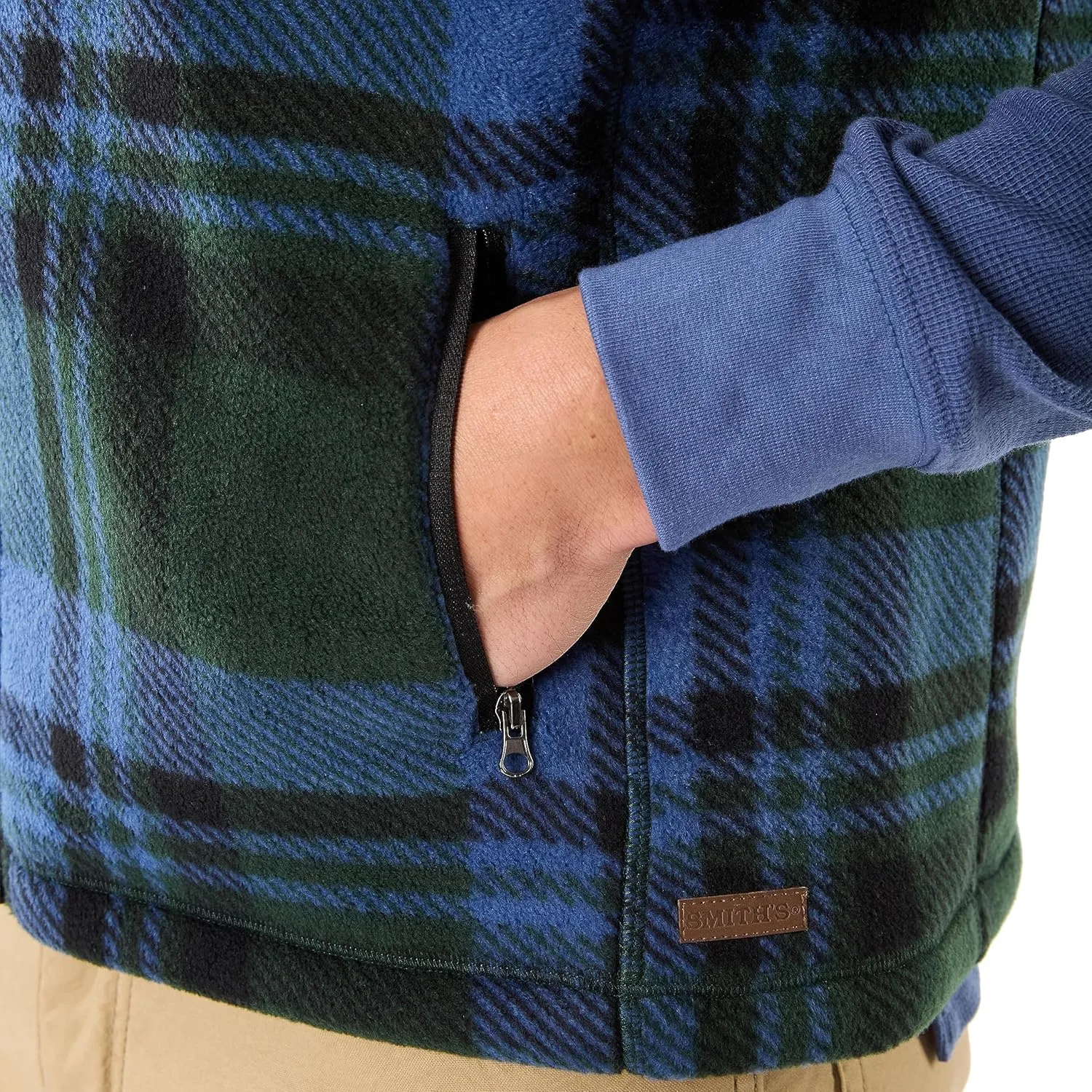 Smith's Workwear Men's Sherpa-Lined Plaid Micro Polarfleece Vest with Zip Pockets