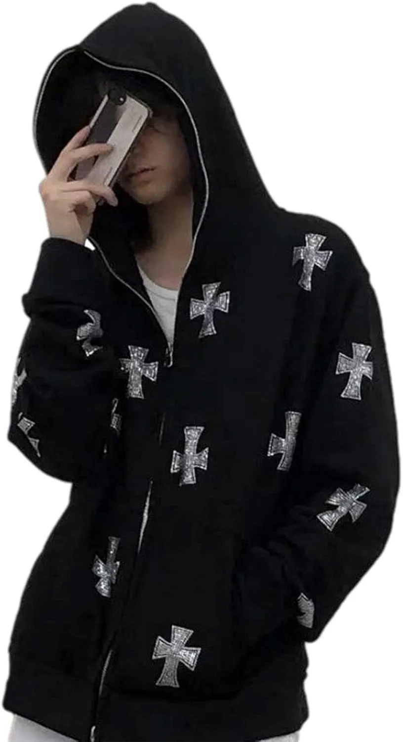 SOLILOQUY Women Hip Hop Joggers Hoodie Korean Punk Sport Coat Pullover Rhinestone Gothic Long Sleeve Sweatshirt Y2K Jacket