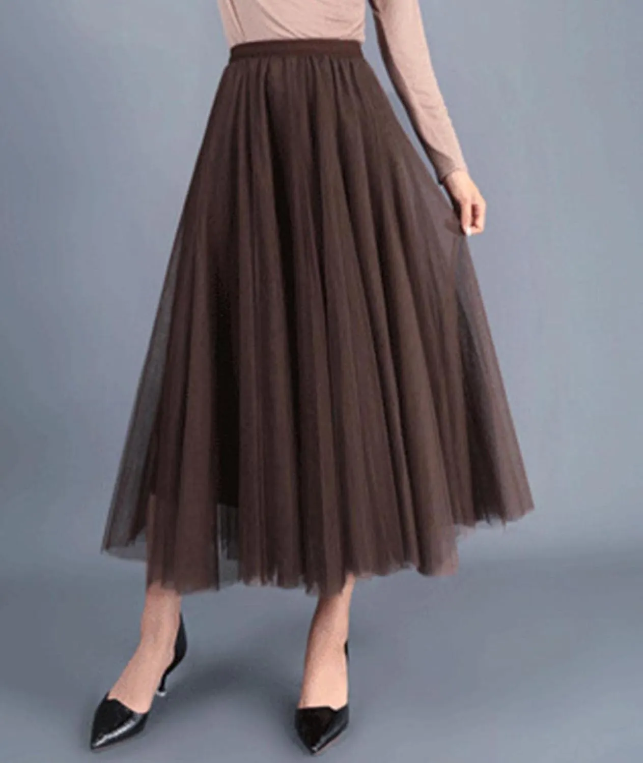 SOMTHRON Women's Tutu Tulle Skirt Elastic High Waist Layered Skirt Plain Mesh A-Line Midi Pleated Skirt