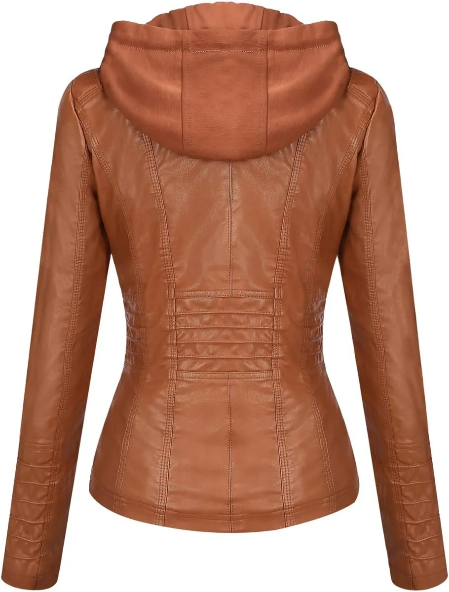 Springrain Women's Faux Leather Jacket Moto Biker Coat with Detachable Hood Motorcycle Jacket