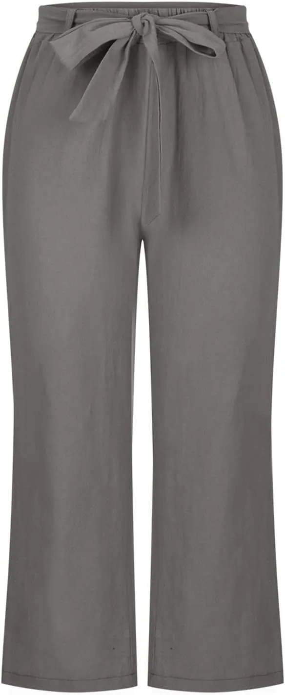 Summer Linen Capri Pants for Women 2024 Womens Linen Palazzo Trouser Soild Wide Leg Linen Pants for Women Casua