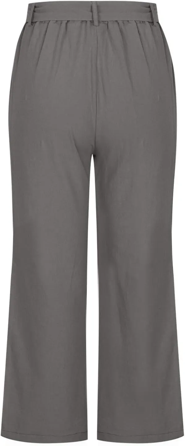 Summer Linen Capri Pants for Women 2024 Womens Linen Palazzo Trouser Soild Wide Leg Linen Pants for Women Casua