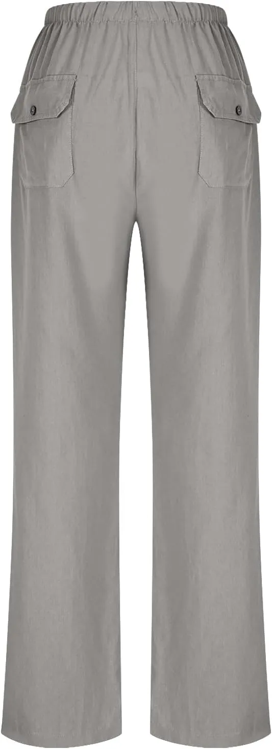 Summer Pants for Women Plus Size Cotton Linen Pant High Waisted Drawstring Wide Leg Lounge Trousers with Pockets