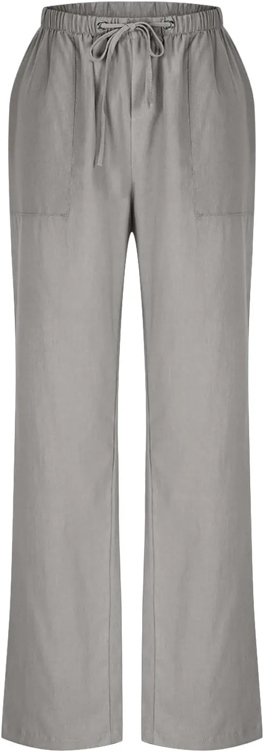Summer Pants for Women Plus Size Cotton Linen Pant High Waisted Drawstring Wide Leg Lounge Trousers with Pockets