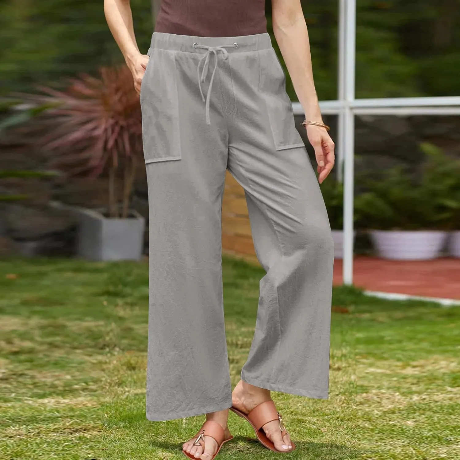 Summer Pants for Women Plus Size Cotton Linen Pant High Waisted Drawstring Wide Leg Lounge Trousers with Pockets