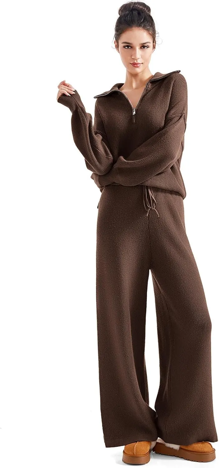 SUUKSESS Women 2 Piece Lounge Sets Oversized Quarter Zip Pullover Wide Leg Pants