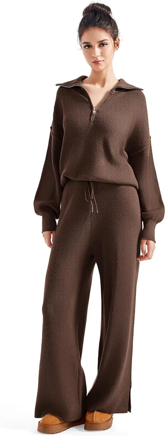 SUUKSESS Women 2 Piece Lounge Sets Oversized Quarter Zip Pullover Wide Leg Pants