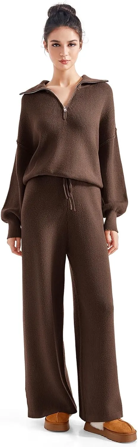SUUKSESS Women 2 Piece Lounge Sets Oversized Quarter Zip Pullover Wide Leg Pants