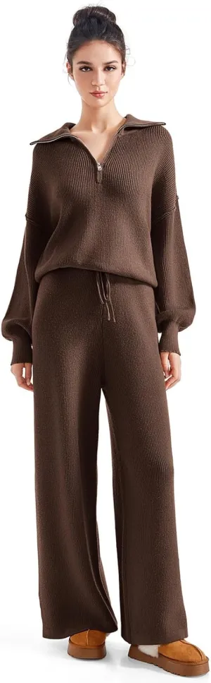 SUUKSESS Women 2 Piece Lounge Sets Oversized Quarter Zip Pullover Wide Leg Pants