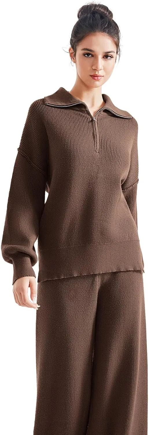 SUUKSESS Women 2 Piece Lounge Sets Oversized Quarter Zip Pullover Wide Leg Pants