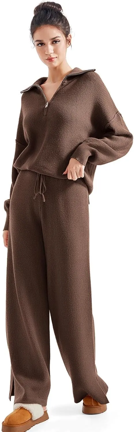 SUUKSESS Women 2 Piece Lounge Sets Oversized Quarter Zip Pullover Wide Leg Pants