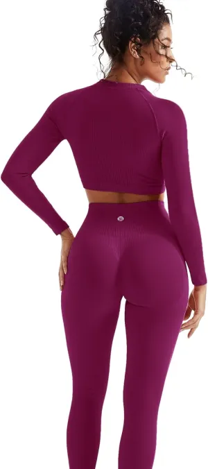 SUUKSESS Women 2 Piece Workout Sets Hidden Scrunch Butt Lifting Seamless Leggings Long Sleeve Yoga Crop Tops