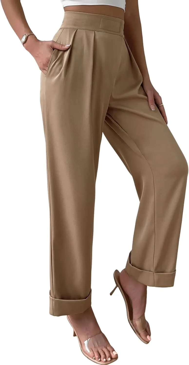 SweatyRocks Women's Elegant High Waist Roll Up Hem Pleated Wide Leg Pants with Pocket