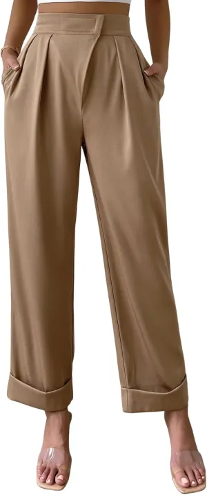 SweatyRocks Women's Elegant High Waist Roll Up Hem Pleated Wide Leg Pants with Pocket