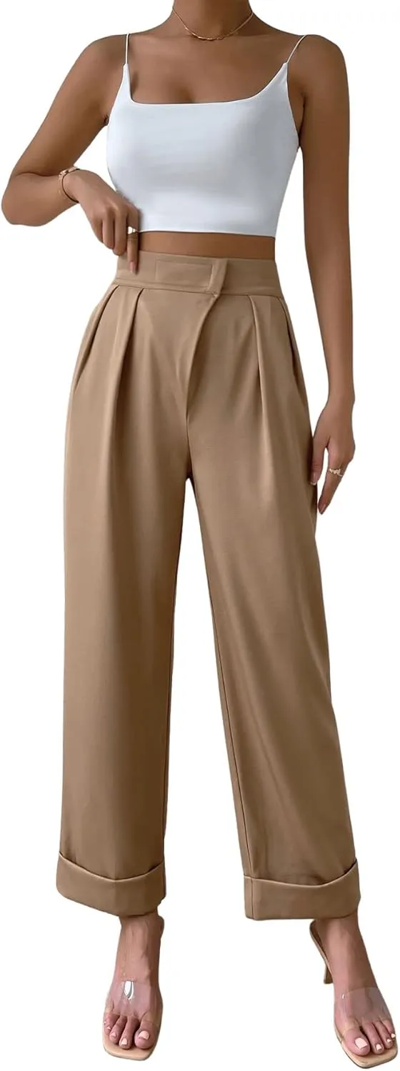 SweatyRocks Women's Elegant High Waist Roll Up Hem Pleated Wide Leg Pants with Pocket