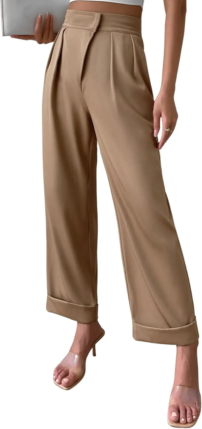 SweatyRocks Women's Elegant High Waist Roll Up Hem Pleated Wide Leg Pants with Pocket