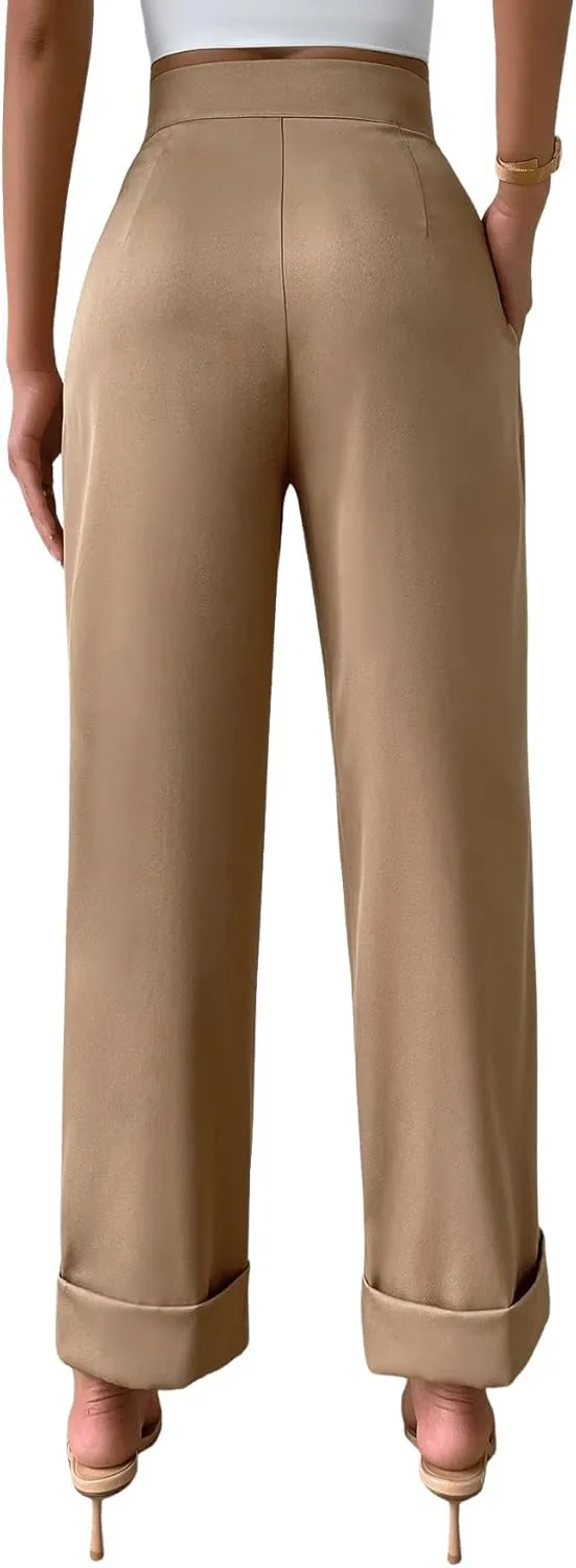 SweatyRocks Women's Elegant High Waist Roll Up Hem Pleated Wide Leg Pants with Pocket