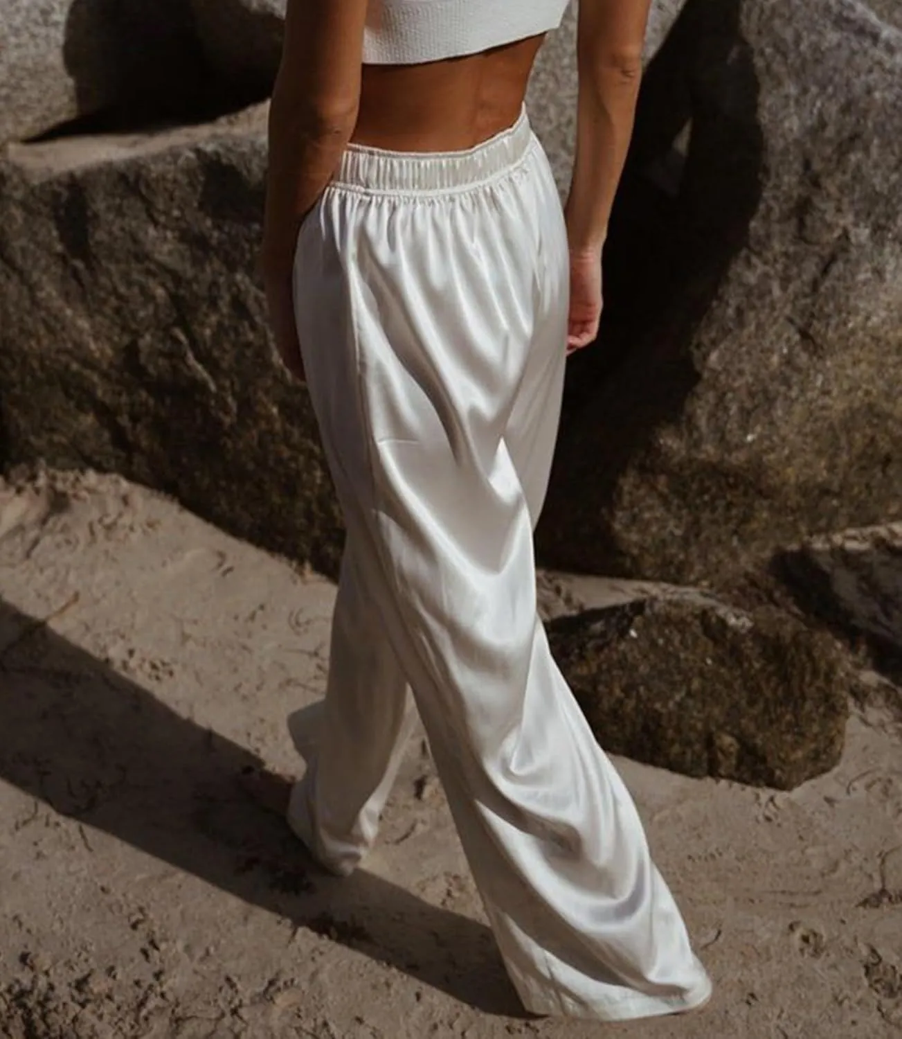 SWOMOG Women's Silk Satin Pajama Pants Longs Silky Sleep Pants Loungewear Trousers Elastic Waist Lounge Pj Bottoms
