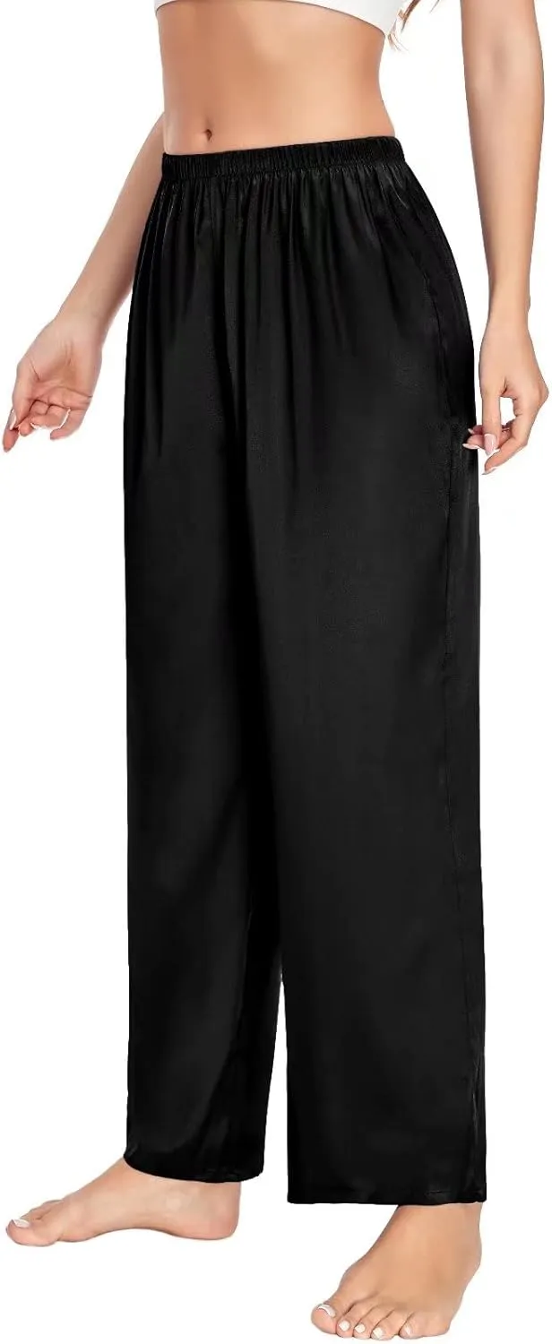 SWOMOG Women's Silk Satin Pajama Pants Longs Silky Sleep Pants Loungewear Trousers Elastic Waist Lounge Pj Bottoms