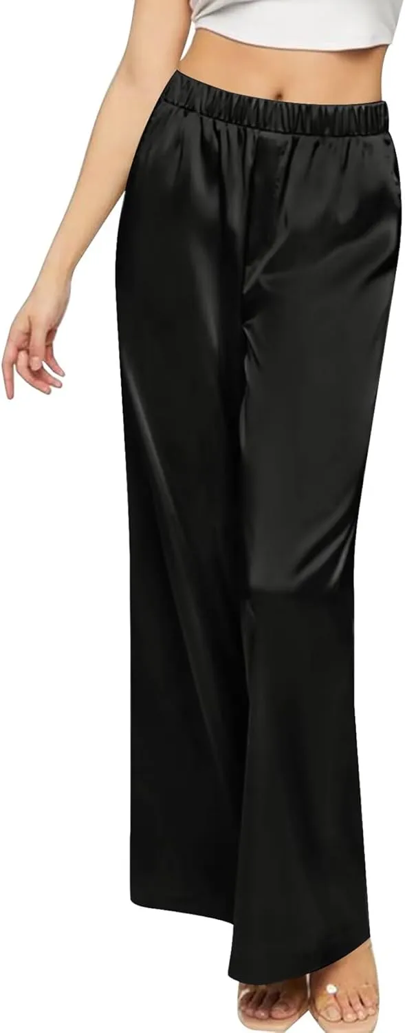 SWOMOG Women's Silk Satin Pajama Pants Longs Silky Sleep Pants Loungewear Trousers Elastic Waist Lounge Pj Bottoms