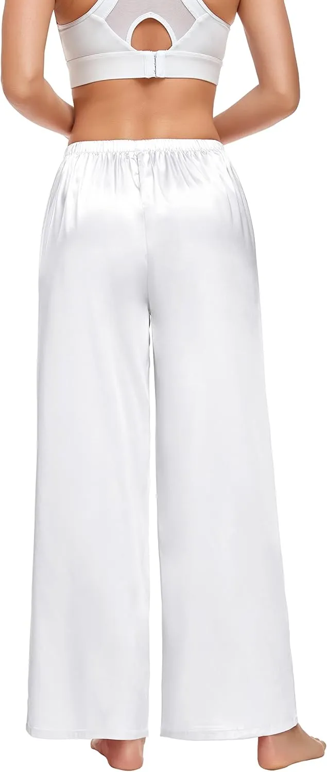 SWOMOG Women's Silk Satin Pajama Pants Longs Silky Sleep Pants Loungewear Trousers Elastic Waist Lounge Pj Bottoms
