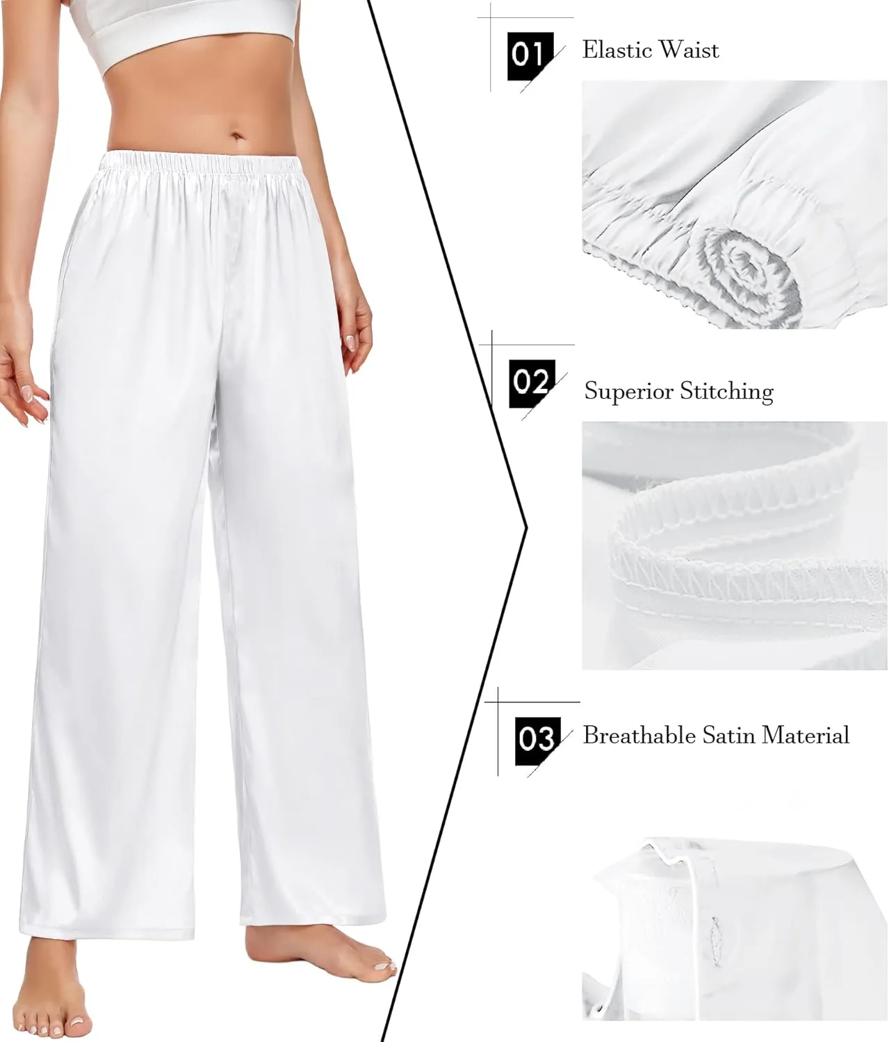 SWOMOG Women's Silk Satin Pajama Pants Longs Silky Sleep Pants Loungewear Trousers Elastic Waist Lounge Pj Bottoms