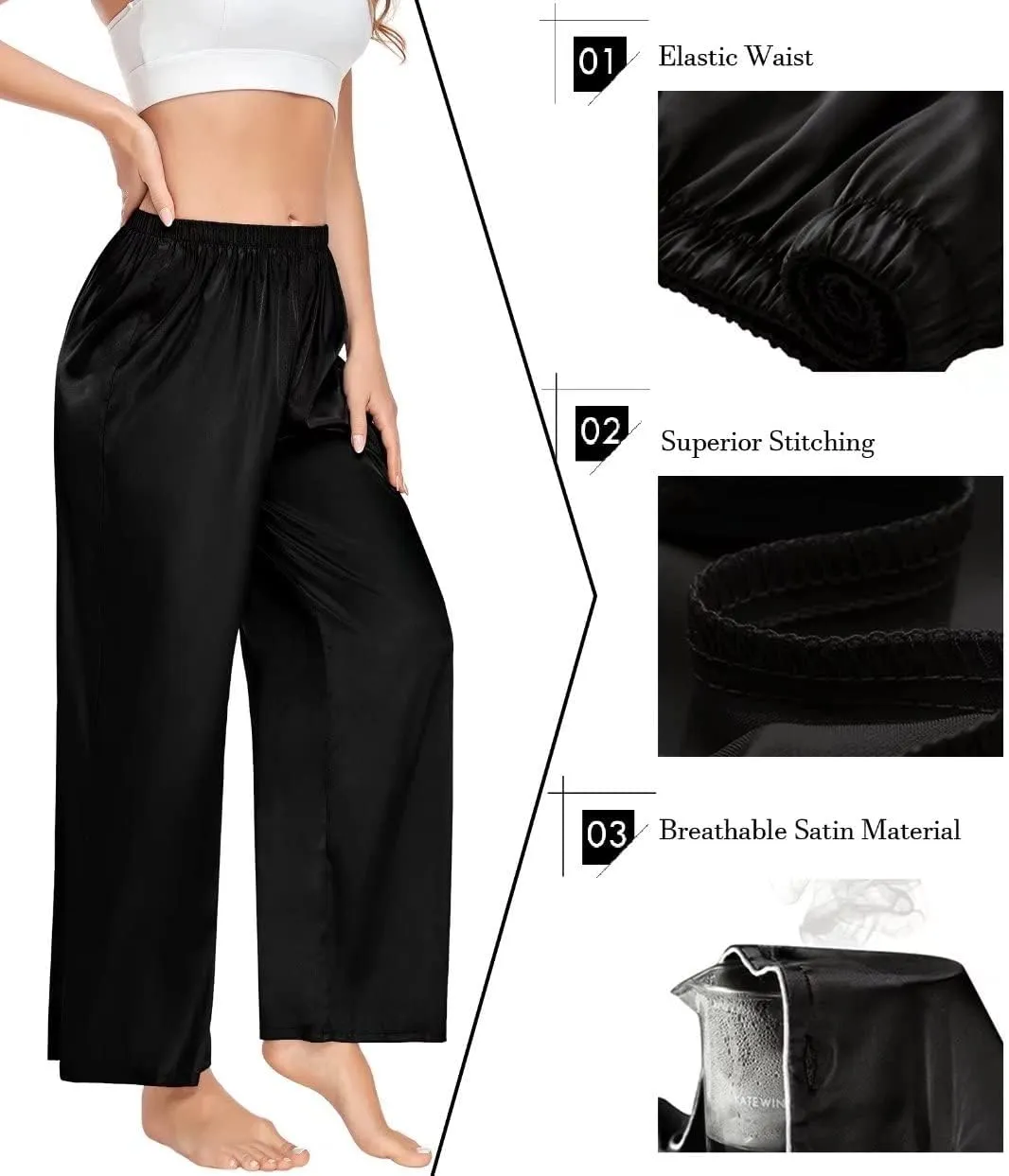 SWOMOG Women's Silk Satin Pajama Pants Longs Silky Sleep Pants Loungewear Trousers Elastic Waist Lounge Pj Bottoms