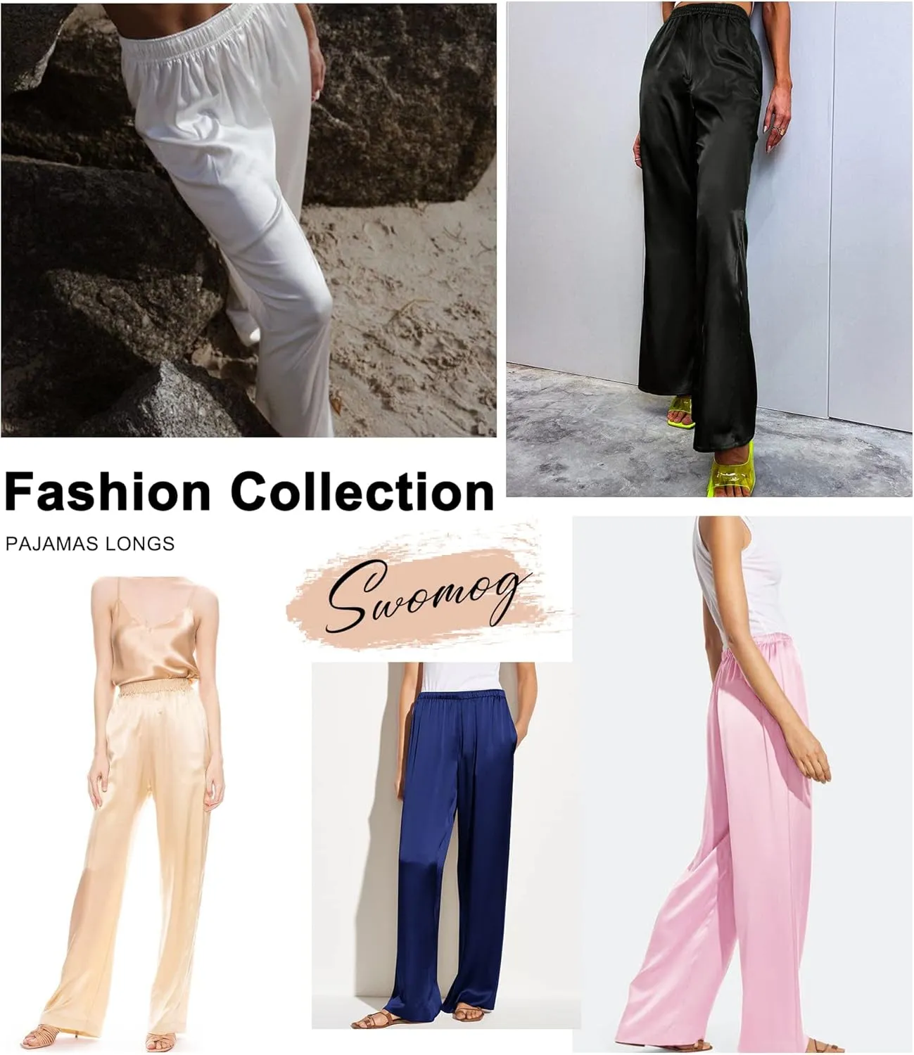 SWOMOG Women's Silk Satin Pajama Pants Longs Silky Sleep Pants Loungewear Trousers Elastic Waist Lounge Pj Bottoms
