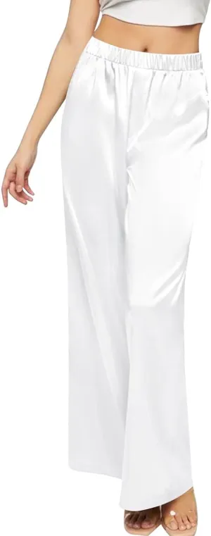 SWOMOG Women's Silk Satin Pajama Pants Longs Silky Sleep Pants Loungewear Trousers Elastic Waist Lounge Pj Bottoms