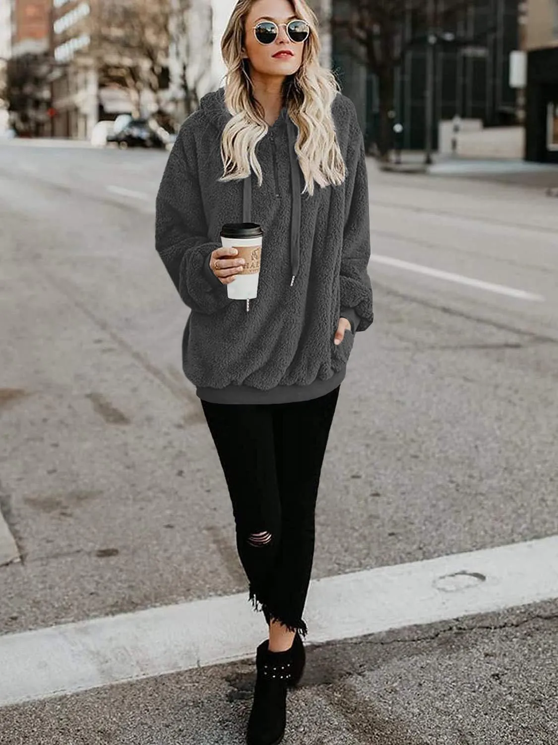 TBONTB Hoodies for Women Fuzzy Oversized Sweatshirt Zip Up Fleece Pullover Fluffy Sherpa with Pockets