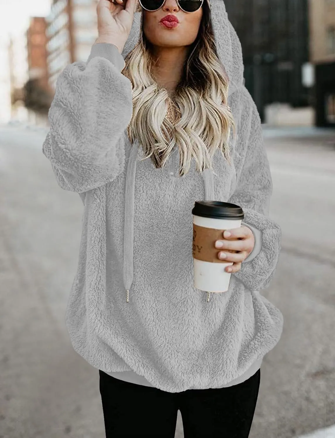 TBONTB Hoodies for Women Fuzzy Oversized Sweatshirt Zip Up Fleece Pullover Fluffy Sherpa with Pockets