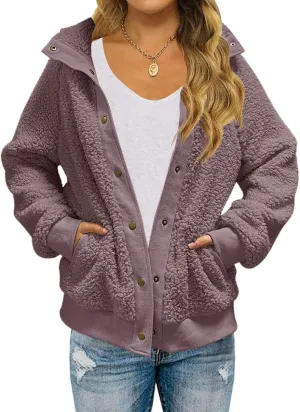 TECREW Womens Winter Sherpa Fleece Button Jacket Coat Loose Long Sleeve Outwear with Pockets