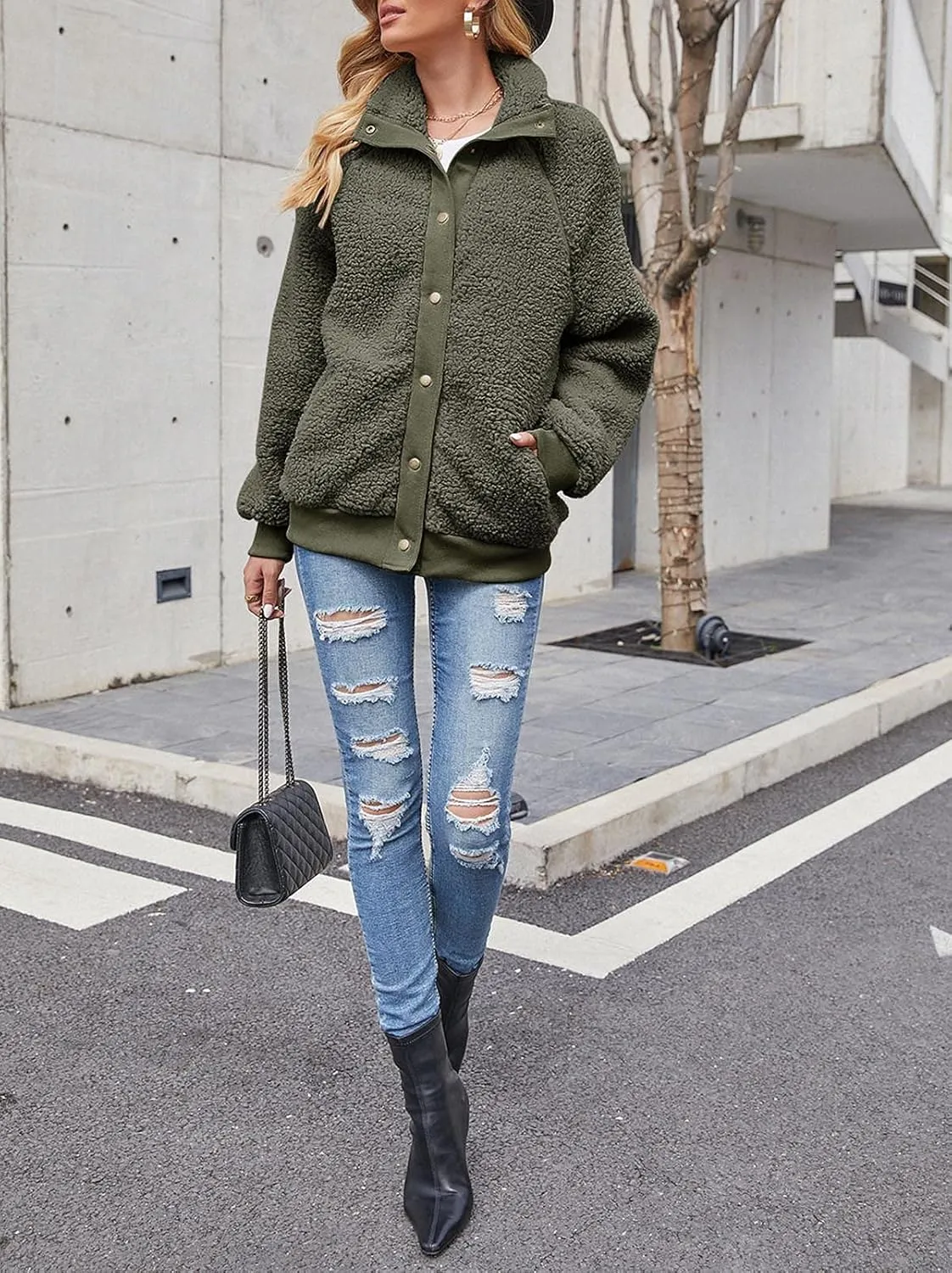 TECREW Womens Winter Sherpa Fleece Button Jacket Coat Loose Long Sleeve Outwear with Pockets